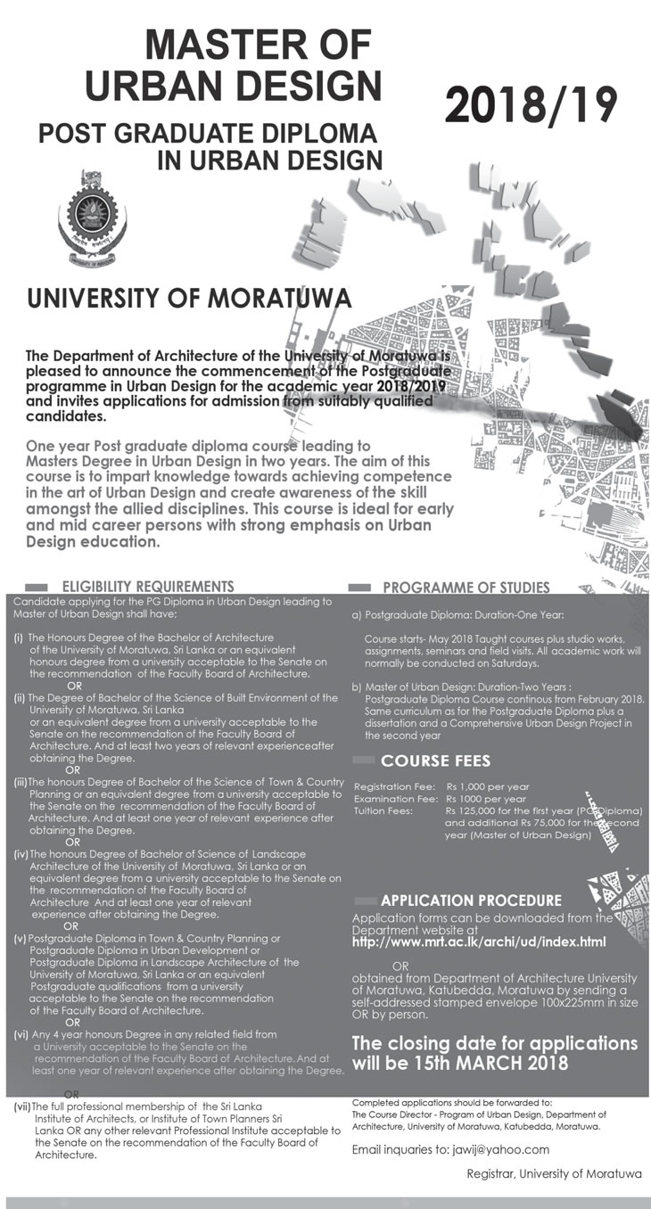 Master of Urban Design, Post Graduate Diploma in Urban Design - University of Moratuwa